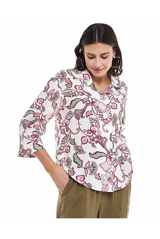 Floral Printed Shirt with Revere Collar and 3/4 Sleeves