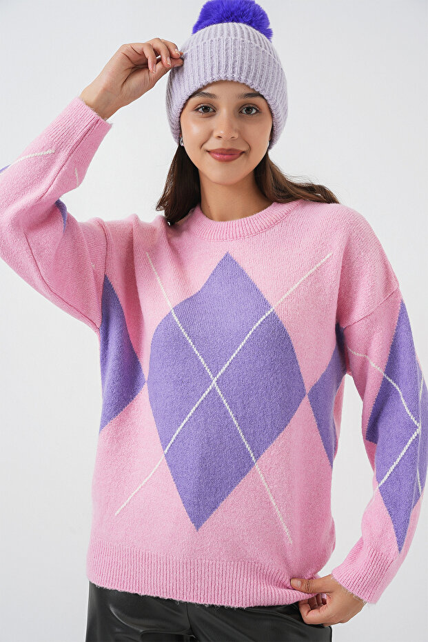 15895 Baklava Desenli Oversize Triko Kazak - Pembe - 1