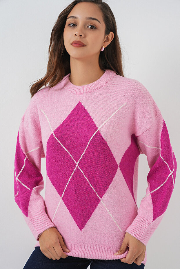 15895 Baklava Desenli Oversize Triko Kazak - D.Pembe - 3