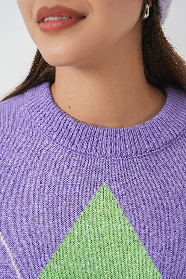 15895 Baklava Desenli Oversize Triko Kazak - Lila - 5