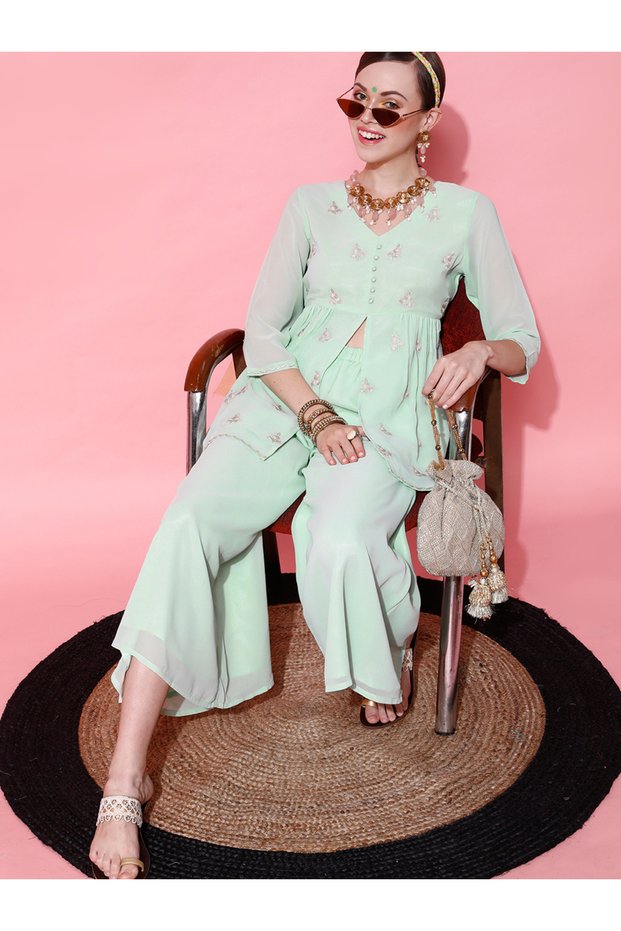 Green Floral Embroidered Pleated Thread Work Kurti and Palazzos Set