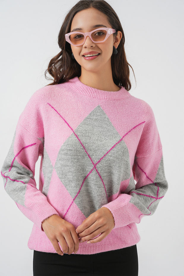 15895 Baklava Desenli Oversize Triko Kazak - Y.Pembe - 4