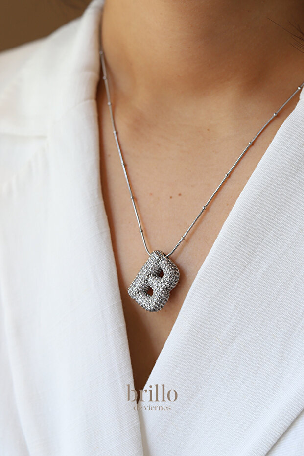Steel Zircon Stone Letter Balloon Necklace-Silver Color