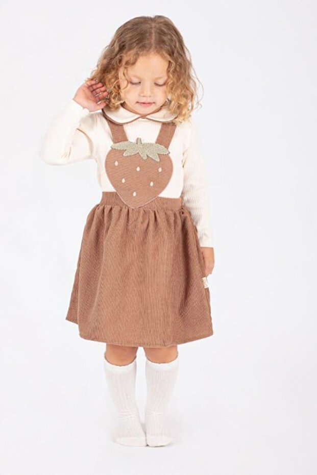 Strawberry Pattern Salopet 2-Piece Girl's Set - Milky Brown