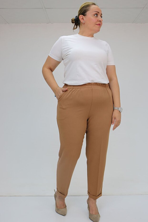 59009 Large Size Double Leg Trousers with Elastic Waist - Tan
