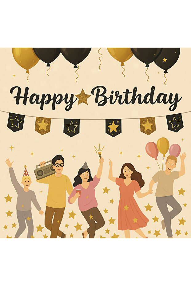 Happy Birthday Banner and Pennant Black Gold