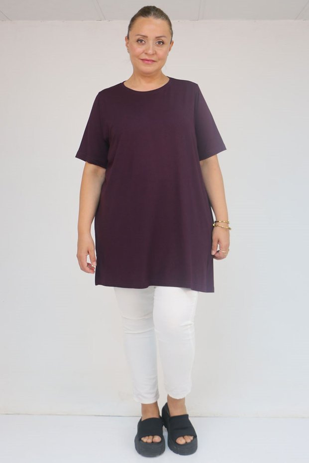 58507 Large Size Collar Piping Combed Cotton T-Shirt - Purple