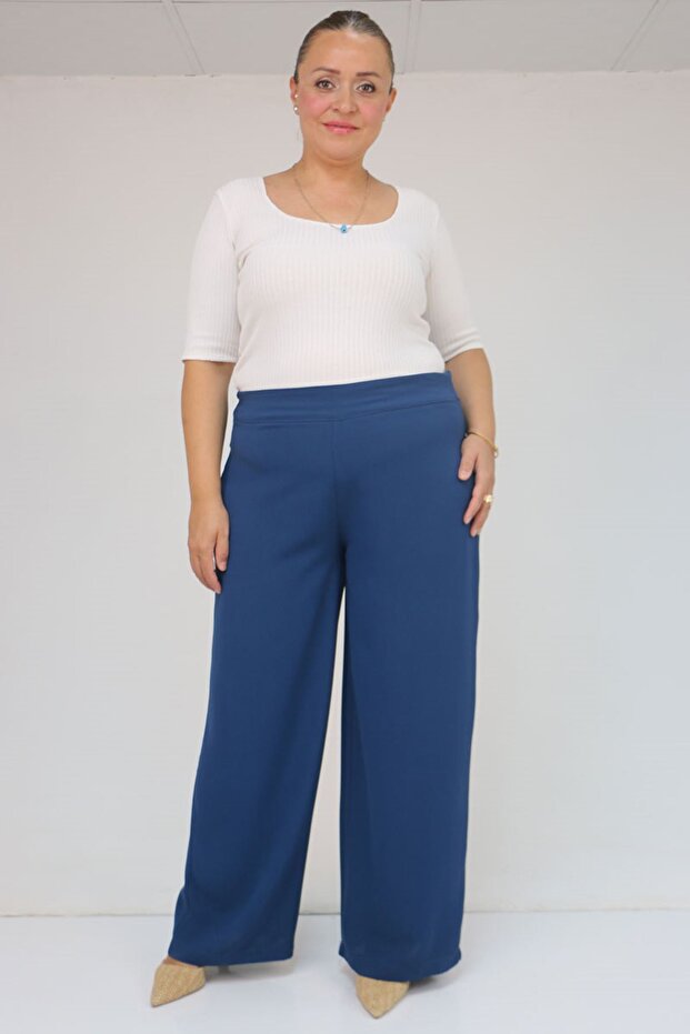 59011 Plus Size Molded Waistband Side Zipper Crepe Pants - Indigo