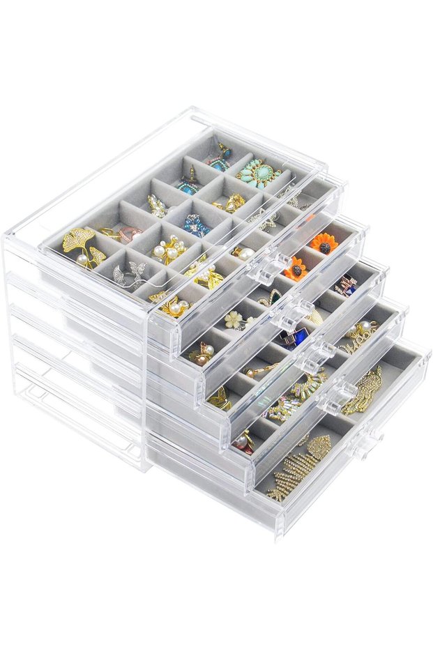 Acrylic Jewelry Organizer for Women, Clear, 5 Drawers (Gray)