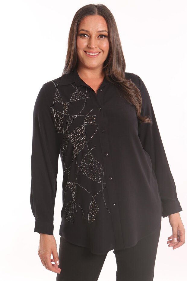Trend42Plus Large Size Stone Print Detailed Woven Black Shirt