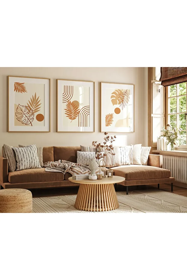 Tarçın Tonlarda 3’lü Yaprak Desenli Duvar Tablosu – Ahşap Çerçeveli Bohem Modern Set - 1