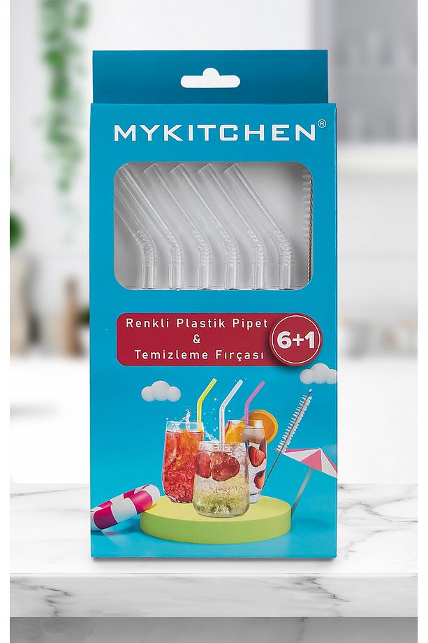 Şeffaf Plastik Pipet ve Temizleme Fırçası - 6'lı Kristal Şeffaf Pipet - 1