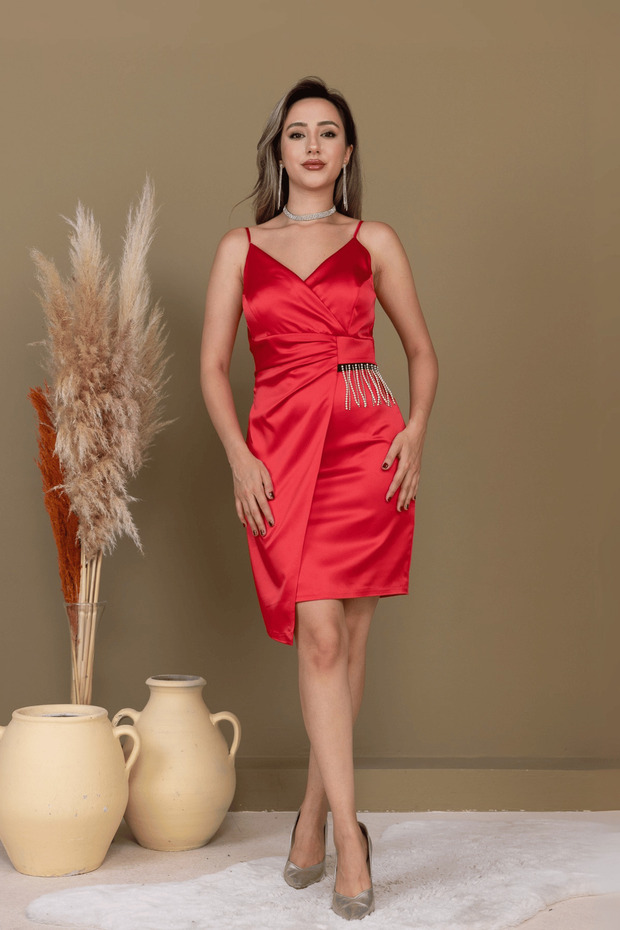 Satin Fabric Bead Detailed Dress - Red
