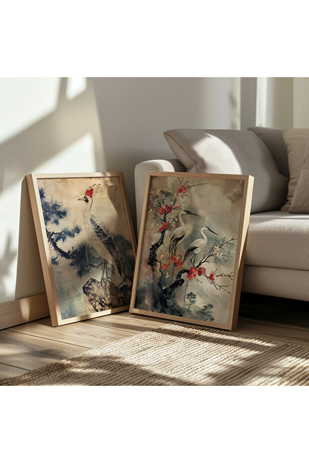 Japon Kuşları Ahşap Çerçeveli 2'li Poster Tablo Seti | Modern Stil Minimal Duvar Dekoru - 3