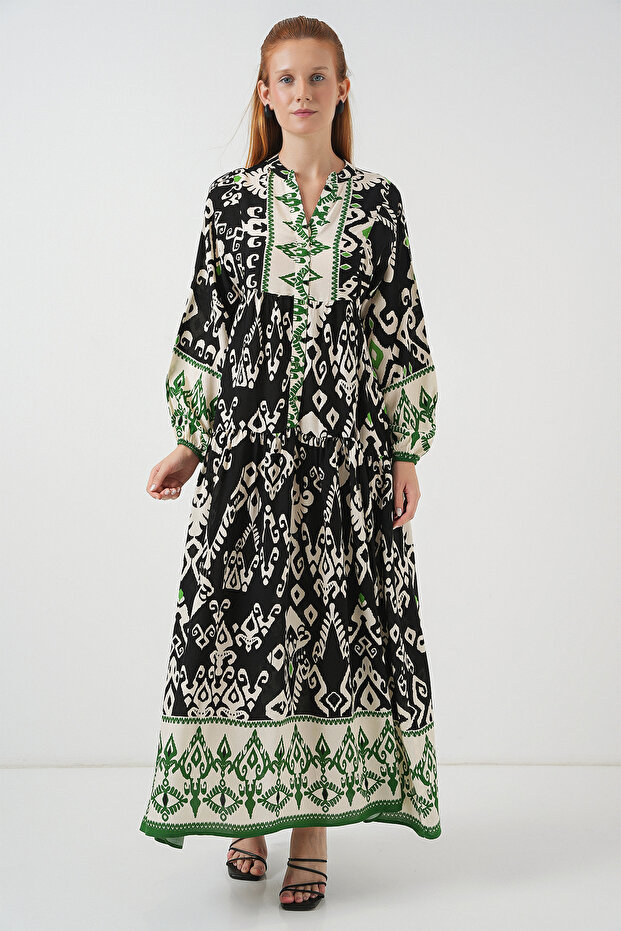 Women's Patterned Long Hijab Dress 2585 - Black - Green