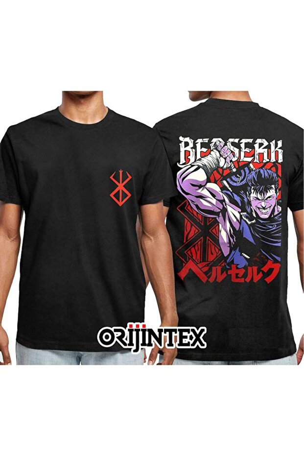 تيشيرت أسود للجنسين مطبوع من الأمام والخلف من Berserk Anime