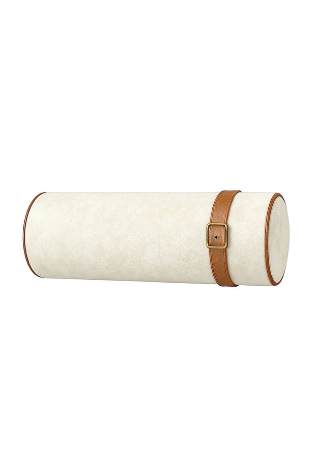 The Noble Run Series White Cylinder Throw Pillow with Tan Leather Piping