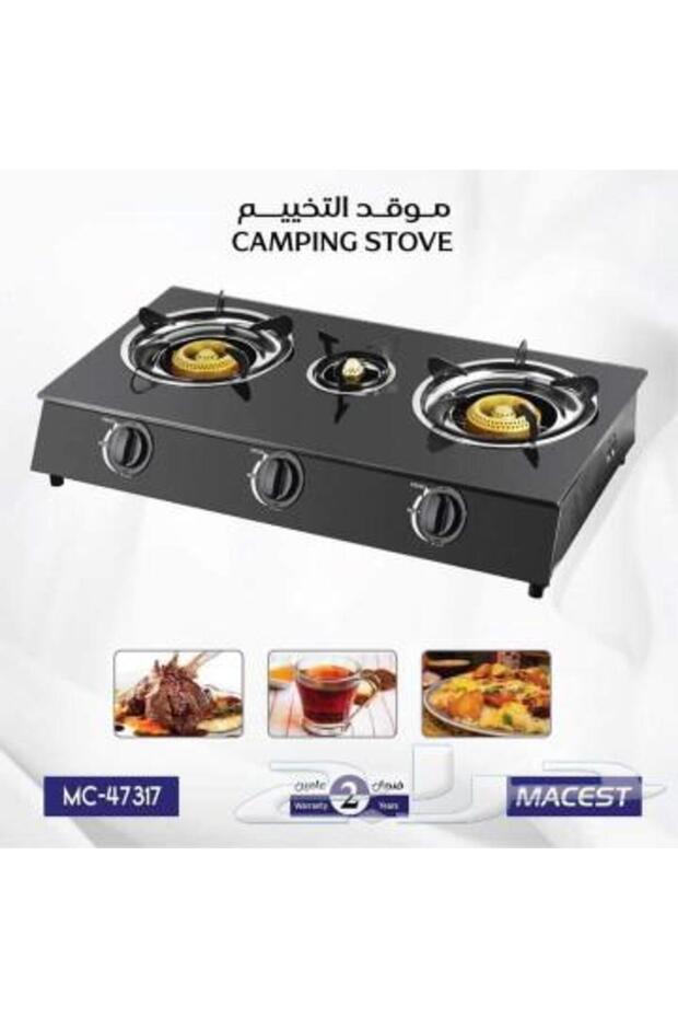 موقد غاز بثلاثة شعلات مع إشعال تلقائي وسطح زجاجي