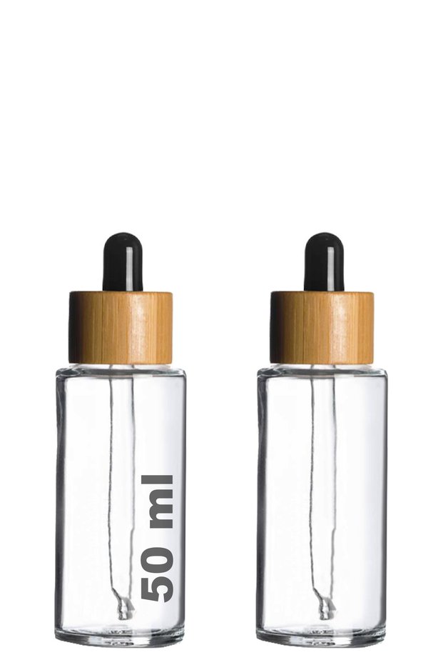 50ml Transparent Glass Dropper Serum Bottle 50 Cc Bamboo Lid Wooden Dropper Glass Bottle Wooden 2Pcs