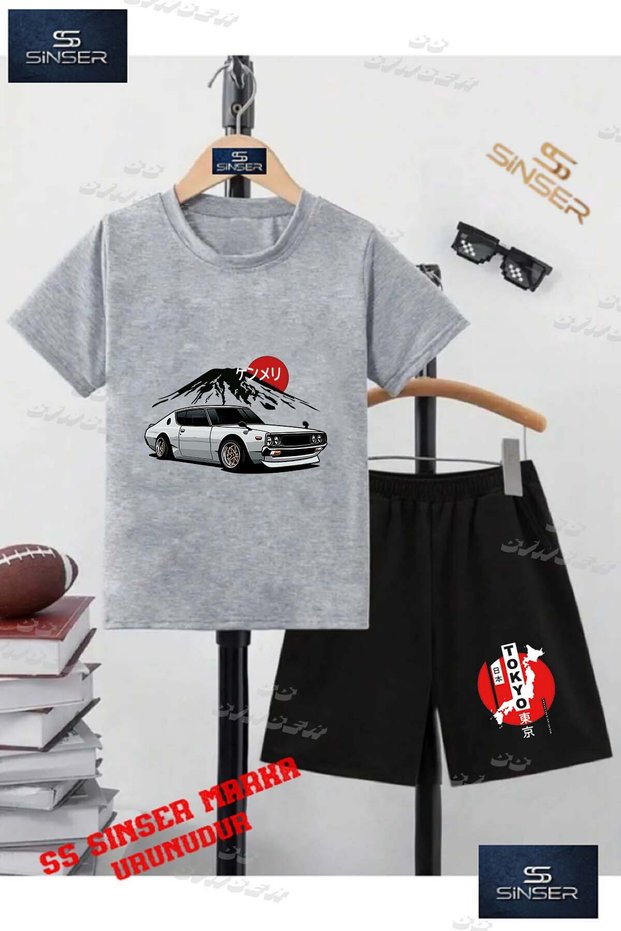 Kids Unisex “Car Tokyo Mountain on Her“ Custom Printed Crew Neck T-Shirt - Shorts Set