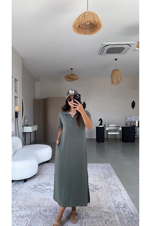 Rochie modală lungă cu guler kaki - 2