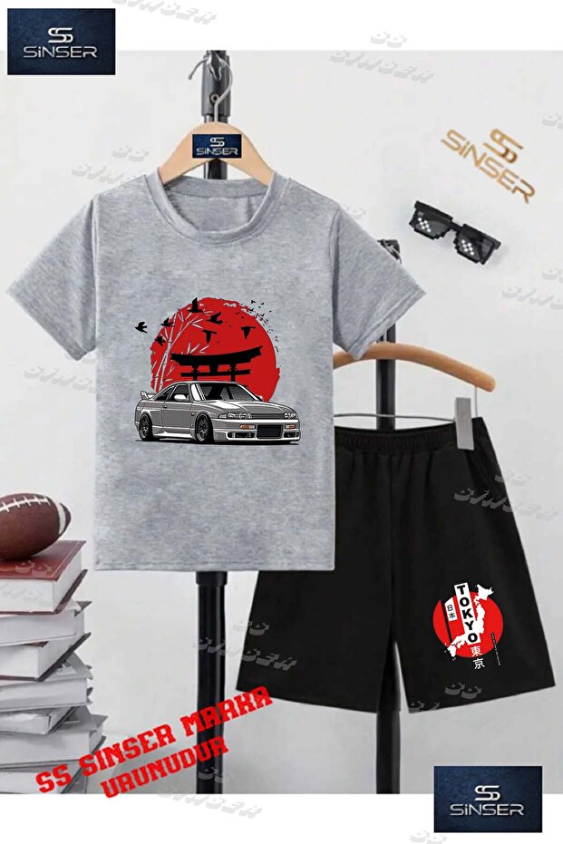Kids Unisex “Car Tokyo Red Circle on It“ Custom Printed Crew Neck T-Shirt - Shorts Set