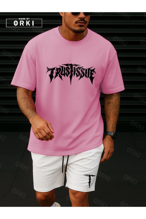 Orki Trust Issue – Oversize Men's Streetwear Pink T-Shirt & White Shorts Set