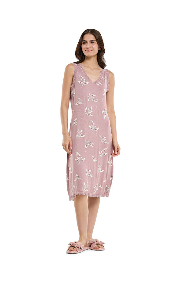 Patterned Sleeveless Nightdress with V-Neck
