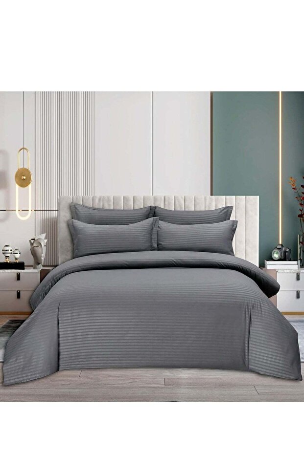 Umeema Soft Cotton Striped Duvet Cover Set Fitted Bedsheet with Pillowcases 6 Pieces King Size (220x