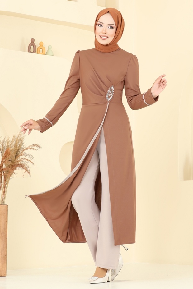 Taş Detaylı Yırtmaçlı Takım ASM2816-MS Taba&Vizyon - 2