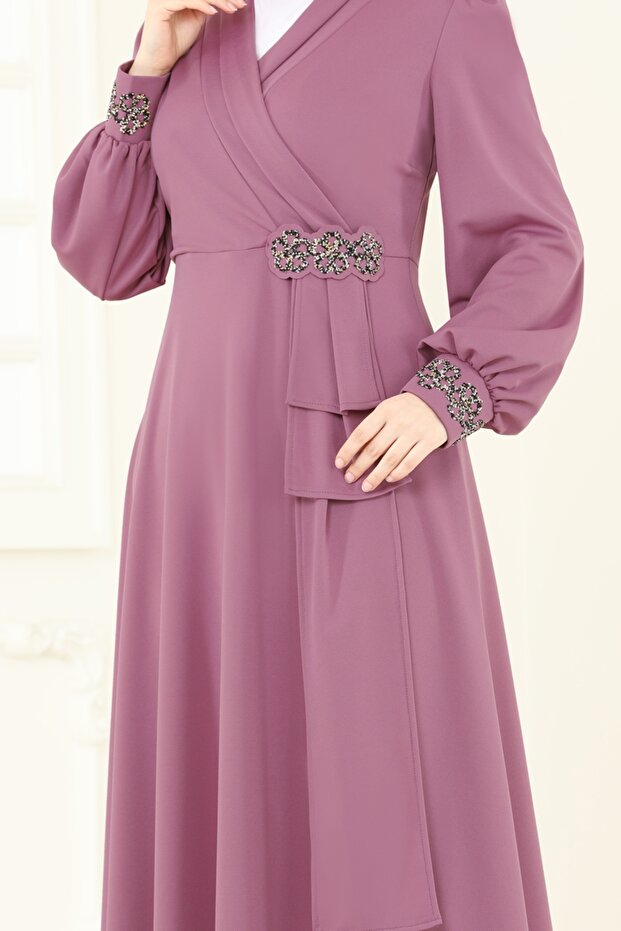 Taş Detay Abiye Elbise ASM2804-MS Gül Kurusu - 5