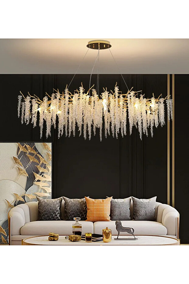 Serip 90lık Yemek Masa Üstü Gold Kaplamalı Modern Tasarım Salon Kristal Sarkıt Avize - 1