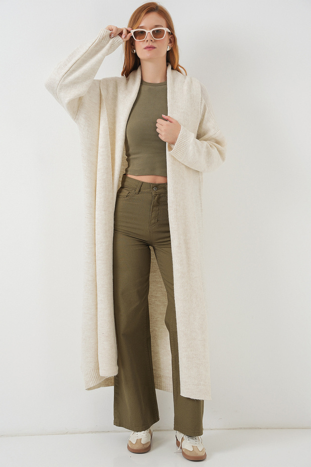 Kadın Uzun Oversize Triko Hırka 15924 - Ekru - 4