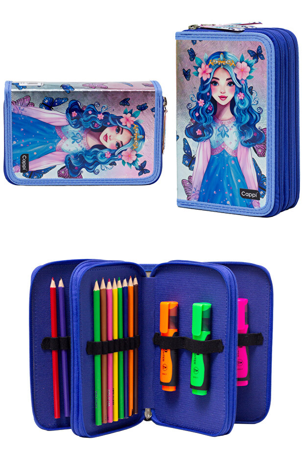 Blue Girl Patterned Pvc Three Compartment Girl Organizer Pen Holder Pencil Case -Cp7002