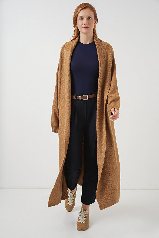 Kadın Uzun Oversize Triko Hırka 15924 - Hardal - 2