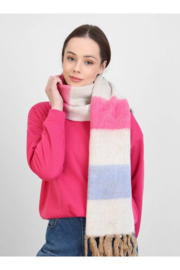 Pufidik Tasseled Shoulder Shawl-Pink - Ecru-