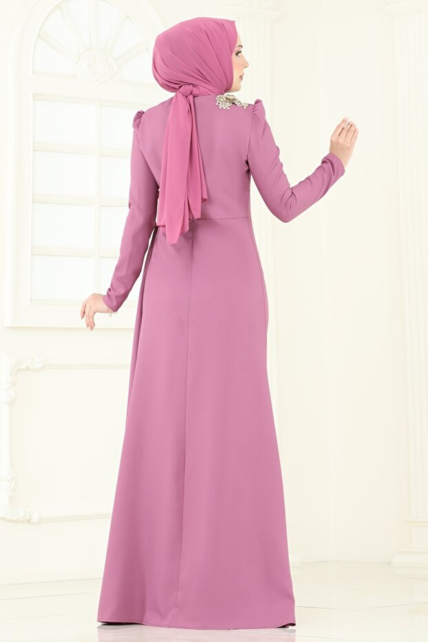 Nakış Detay Abiye Elbise ASM2810-MS Gül Kurusu - 5