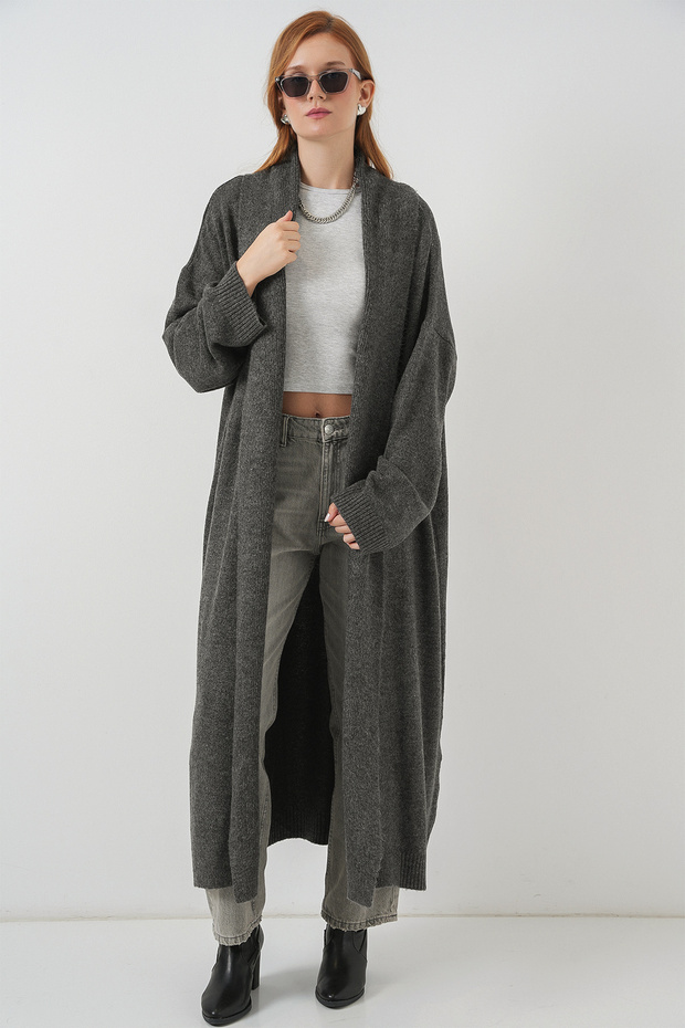 Kadın Uzun Oversize Triko Hırka 15924 - Antrasit - 1