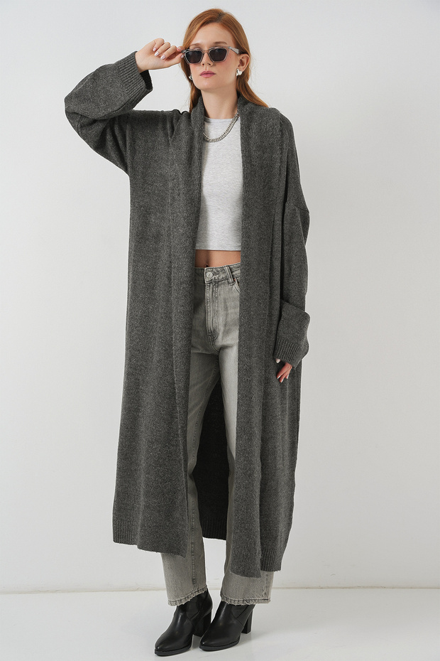 Kadın Uzun Oversize Triko Hırka 15924 - Antrasit - 2