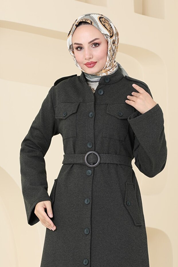 Apolet Detaylı Tivit Elbise PL9080-MS Haki - 3