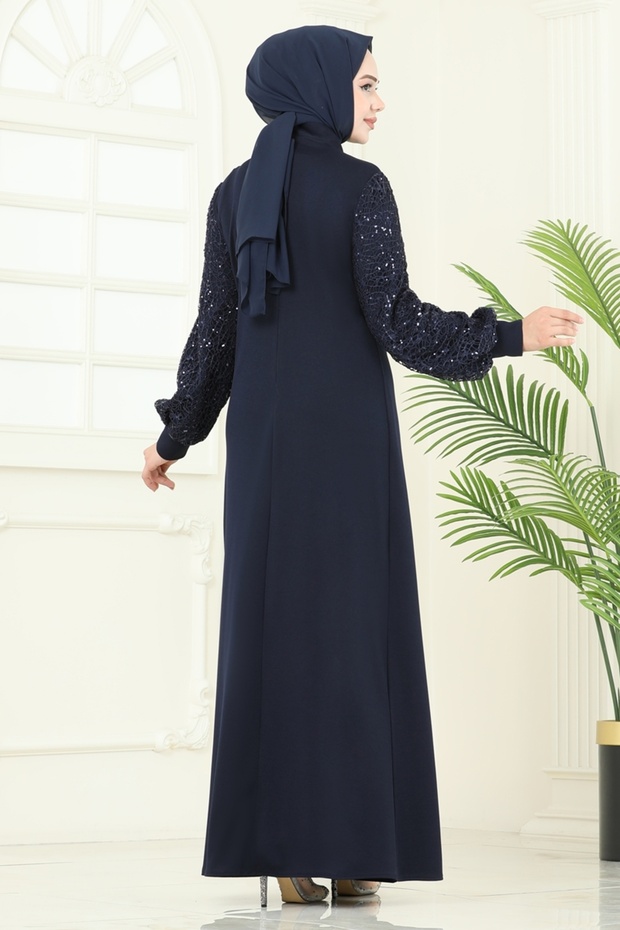 Kolları Fileli Abiye Elbise ASM2811-MS Laci - 5