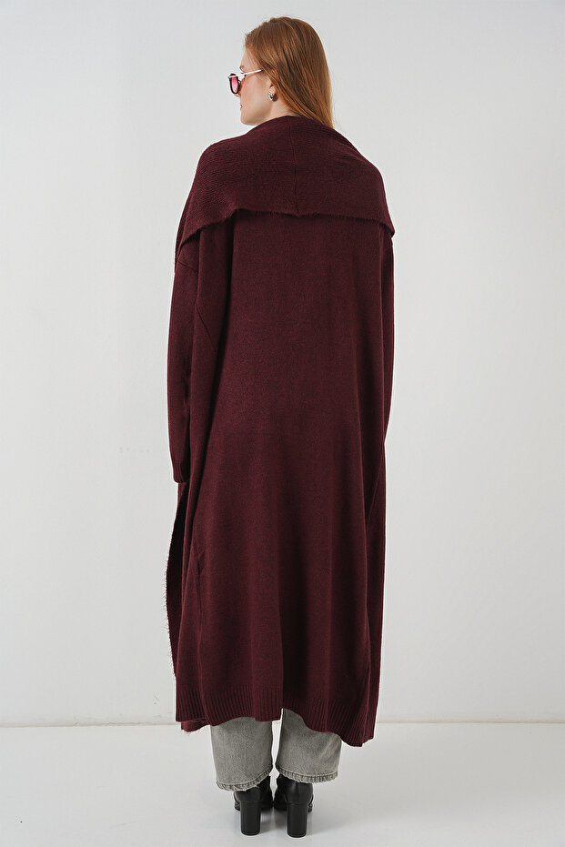 Kadın Uzun Oversize Triko Hırka 15924 - Bordo - 6