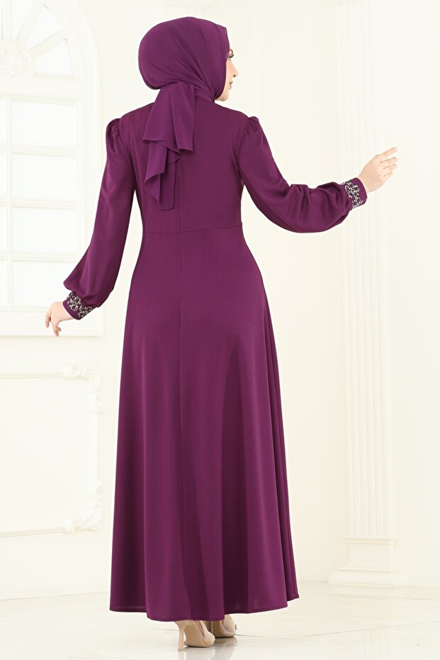 Taş Detay Abiye Elbise ASM2804-MS Mürdüm - 6