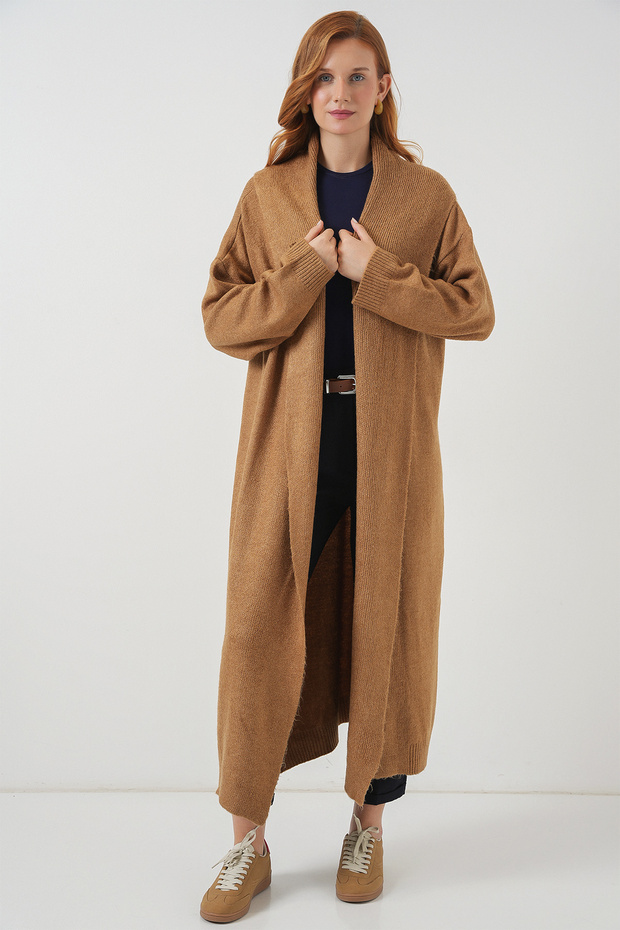 Kadın Uzun Oversize Triko Hırka 15924 - Hardal - 1