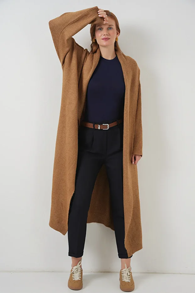 Kadın Uzun Oversize Triko Hırka 15924 - Hardal - 5