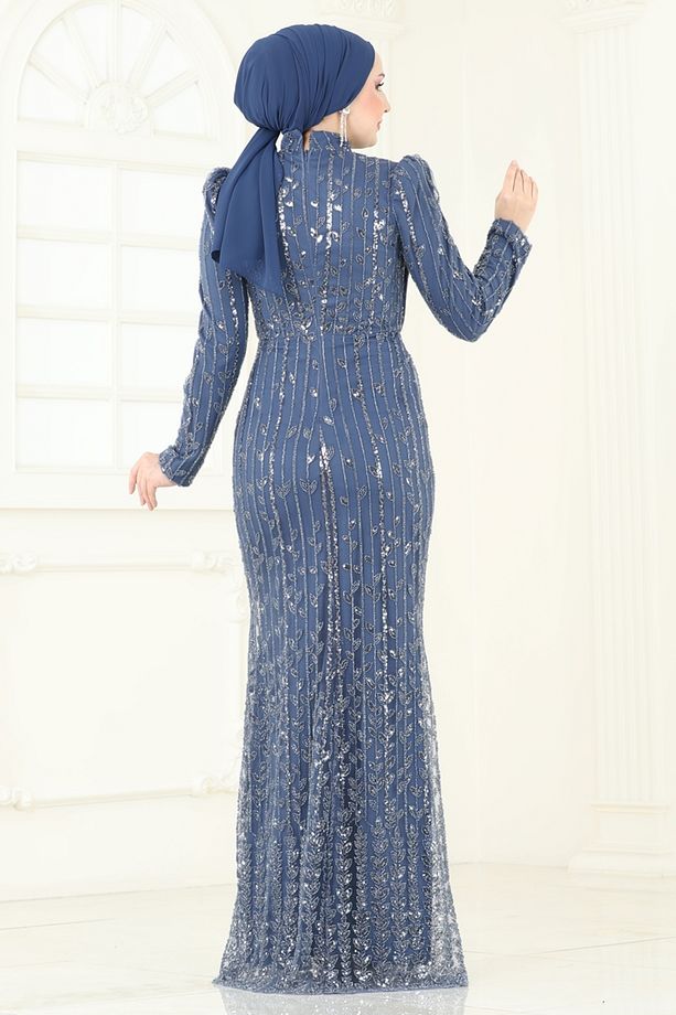 SUAL Drapeli İşlemeli Abiye 4929D170-MS İndigo - 5