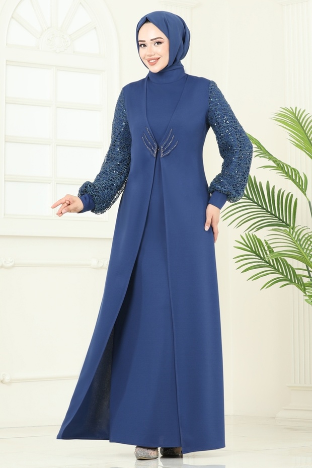 Kolları Fileli Abiye Elbise ASM2811-MS İndigo - 1