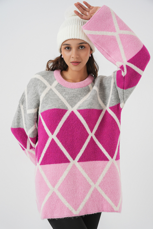 Kadın Baklava Desenli Oversize Uzun Kazak 15931 - Pembe - 4