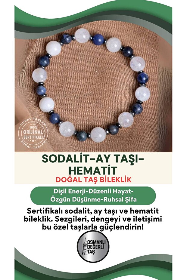 Certified Sodalite-Moonstone-Hematite Natural Stone Bracelet