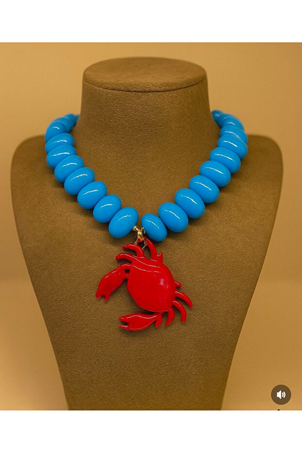 Bijouxire Red Color Crab Bijoux Necklace with White Beads